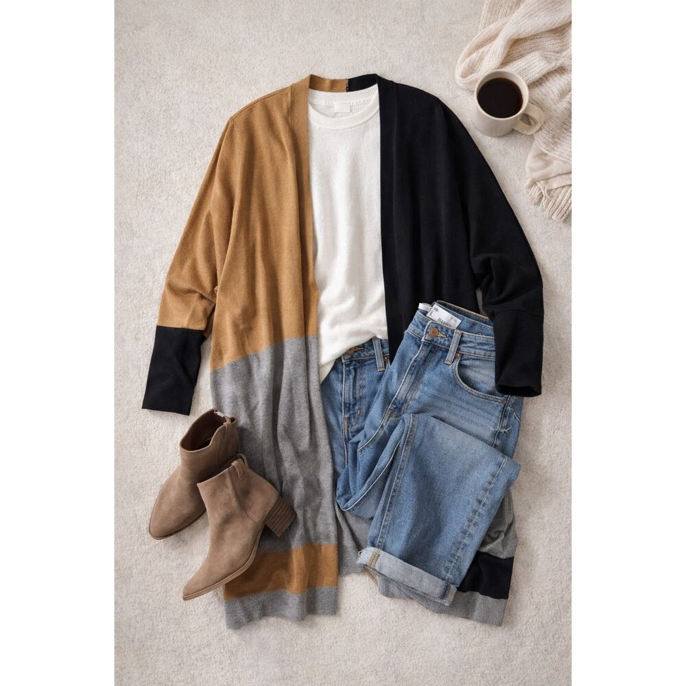 Chico’s Colorblock Open Cardigan Black Camel Gray Draped S M